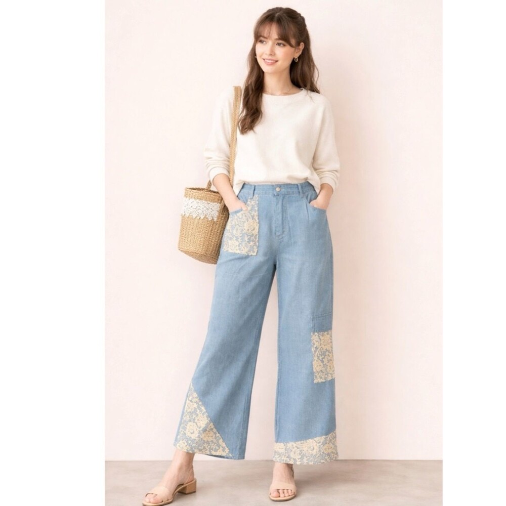 Davi & Dani Women's Stretchy Wide Leg Lace Appliqué Cargo Pants L 32x27 New